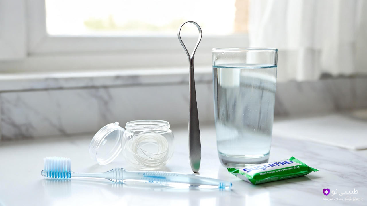 مجموعه ابزارهای بهداشت دهان روی میز مرمری: مسواک آبی، نخ دندان در ظرف شفاف، تمیزکننده زبان فلزی، لیوان آب و آدامس بدون قند نعنایی