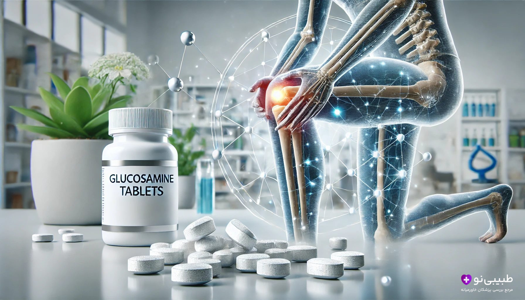 بطری سفید مکمل گلوکوزامین تیبلِتها کنار انبوه قرصهای سفید، با مدل سهبعدی انسانی زانوگیر که مفصل زانوی قرمز و دردناکش با خطوط شبکهای برجسته شده، در محیط داروخانه مدرن با گیاهان سبز و لولههای آزمایش، برای درمان آرتروز و تقویت غضروف