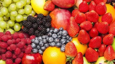 مجموعه‌ای رنگارنگ از میوه‌های تازه شامل سیب‌های قرمز، توت‌فرنگی‌ها، بلوبری‌ها، تمشک‌ها، انگورها، پرتقال‌ها، لیموها و هلوها، چیده‌شده به صورت انبوه رنگارنگ روی زمینه خنثی