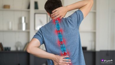 مرد جوان از پشت که دستش روی کمر و گردن است و ستون فقرات با افکت قرمز درد نشان داده شده