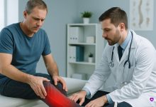 پزشک مرد در حال معاینه زانوی بیمار با هایلایت قرمز روی محل درد سیاتیک