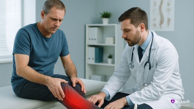 پزشک مرد در حال معاینه زانوی بیمار با هایلایت قرمز روی محل درد سیاتیک