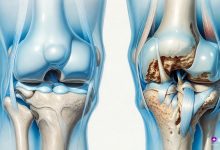 مقایسه مفصل زانوی سالم با زانوی آرتروزی دارای ساییدگی غضروف - نمای آموزشی دقیق با پس‌زمینه سفید و رنگ آبی پزشکی