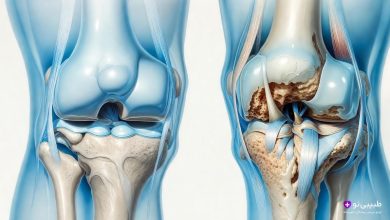 مقایسه مفصل زانوی سالم با زانوی آرتروزی دارای ساییدگی غضروف - نمای آموزشی دقیق با پس‌زمینه سفید و رنگ آبی پزشکی