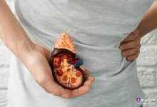 فردی که مدل آناتومی کلیه را در دست نگه داشته و دست دیگر روی ناحیه کمر، نشان‌دهنده درد کلیوی.