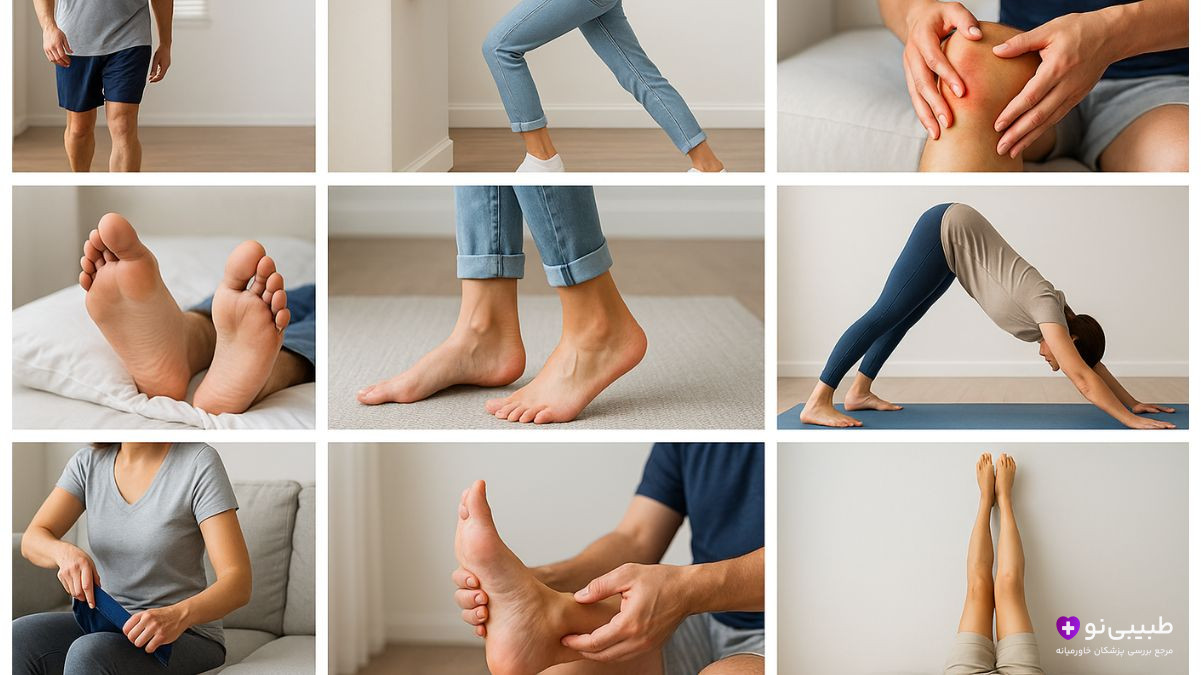 کلاژ علائم بی‌حسی زانو به پایین: ایستادن، لنگیدن، ماساژ زانو، پابرهنه، راه رفتن، یوگا، کمپرس سرد، ماساژ کف پا، بالا بردن پاها