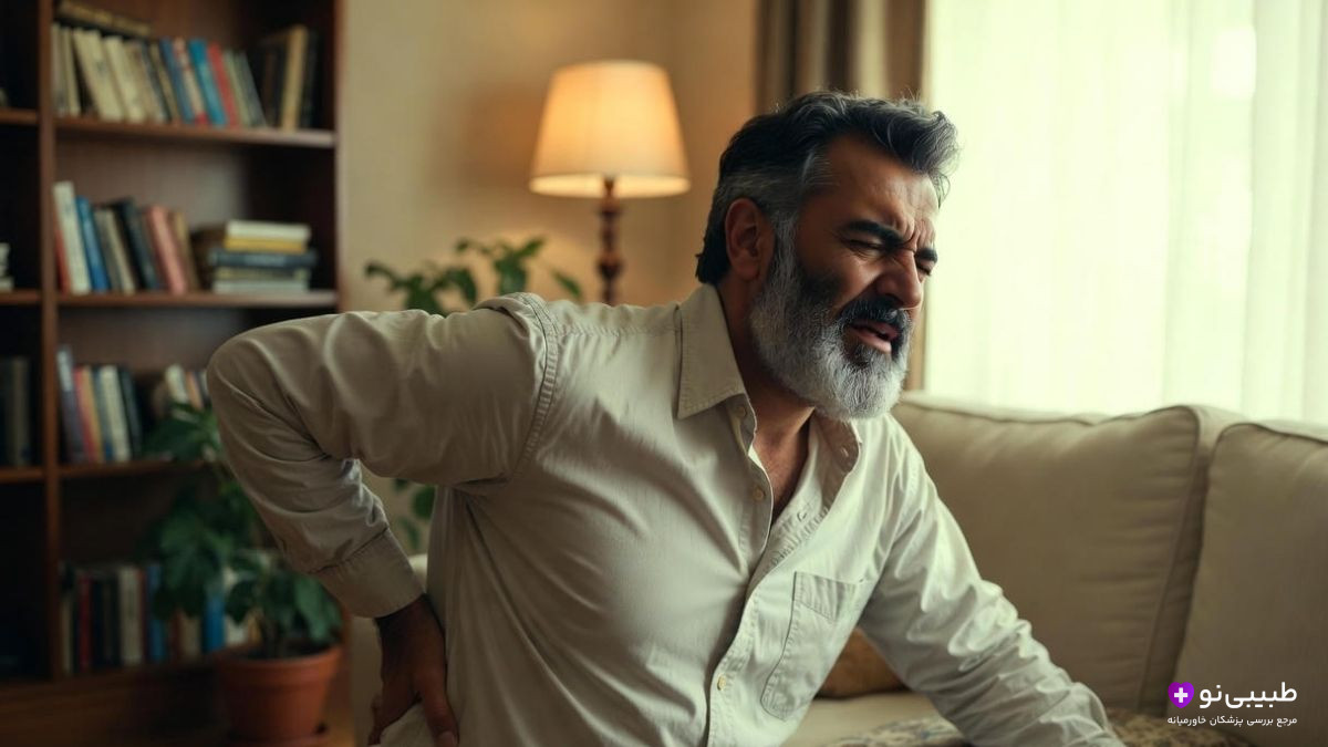 مرد ایرانی میانسال که از درد شدید کمر و سیاتیک رنج می‌برد و دستش را روی کمر گذاشته